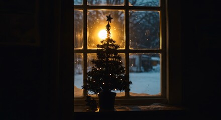 Silhouette of Christmas tree by window with golden sunset glow — ideal for festive seasonal visuals