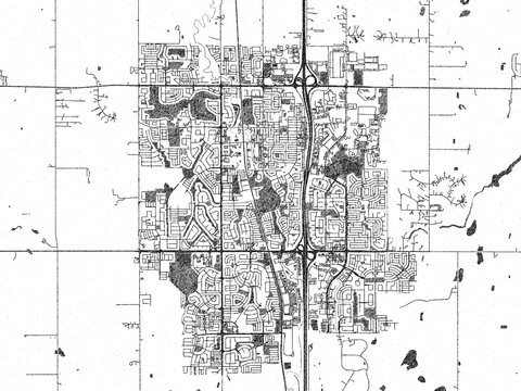 Poster-style sketch map of Airdrie, Alberta, designed in artistic monochrome.