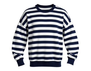 A cozy, striped pullover sweater with long sleeves, navy and white