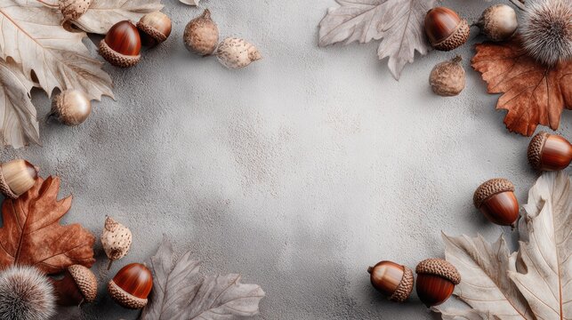 Autumn-themed blank canvas background with acorns, chestnuts, leaves, neutral warm tones, seasonal design space, promotional material, marketing layout


