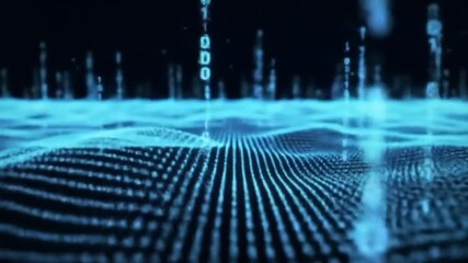 Digital wave backdrop Abstract blue binary numbers rain over a luminous grid, suggesting a futuristic data stream landscape - Powered by Adobe