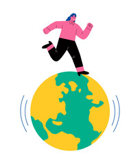 Business woman running on the globe. Development concept. Flat vector illustration isolated on white background