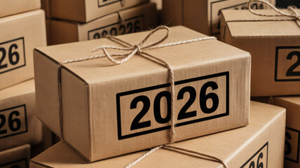 2026 shipping cardboard kraft box with rubber stamp printed numbers stacked for delivery logistics packaging and commerce concept
