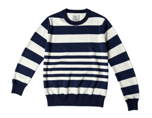A navy and white striped crew neck sweater against a dark background