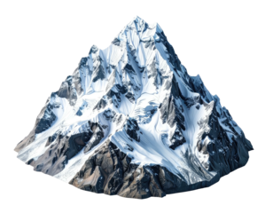 Snow-covered peak with rocky slopes and jagged edges, isolated on black