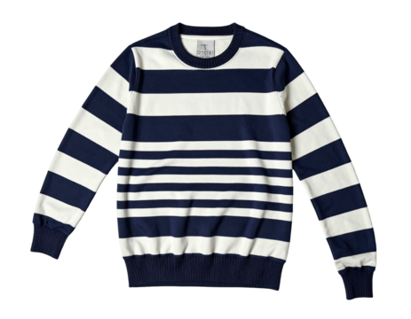 A navy and white striped crew neck sweater against a dark background