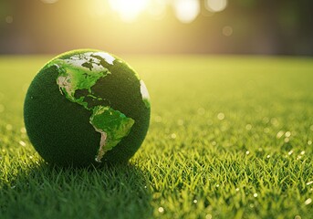 Vibrant green earth globe covered in lush grass rests on a sun-drenched lawn symbolizing global sustainability and ecological growth