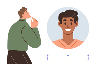 Thoughtful individual observing and assessing a profile picture in a selection process. Ideal for recruitment, hiring, decision-making, profiling, social networks, identification, simple flat