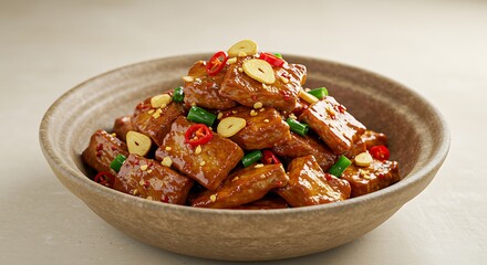 Fototapeta premium Delicious fried tofu dish in ceramic bowl culinary cuisine concept