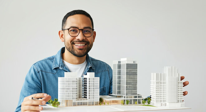 Asian man with glasses is smiling while holding a detailed architectural model of modern buildings, showcasing urban design and creativity in a bright studio environment