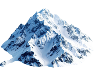High-peaked mountain, snow-covered slopes, pristine white, jagged peaks, blue shadows