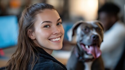 A person with a happy smile at a pet friendly workplace, with a dog sitting beside them.