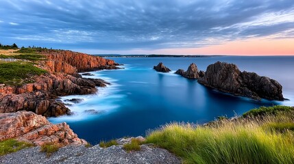 Stunning Coastal Landscape Featuring Dramatic Cliffs, Vibrant Ocean Waves, and a Breathtaking Sunset