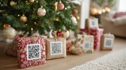 Digital Christmas gifts with QR codes arranged under a beautifully decorated tree during the festive season