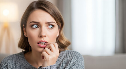 A worried woman bites her nails, expressing anxiety and concern.