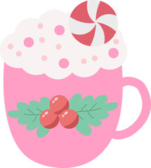 Cute Pink Christmas Cup with Whipped Cream, Peppermint Candy, Holly Leaves, and Red Berries Illustration