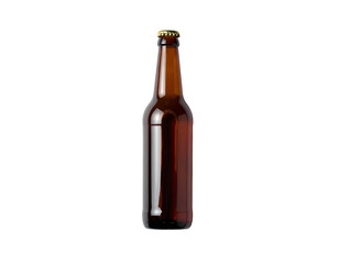 Single brown glass bottle with a gold cap, isolated on a black background