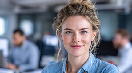 Obraz premium A professional in a clean office, a portrait of future of work hybrid and modern collaboration.