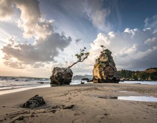 Rocky sea stacks with trees on a sandy beach under a dramatic, cloudy sky