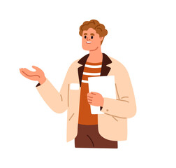 Obraz na płótnie Canvas Man speaking, holding paper documents. Smiling male employee gesturing with hand, showing and presenting. Business person explaining, talking. Flat vector illustration isolated on white background