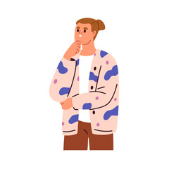Thoughtful man with confused worried pensive face expression. Uncertain male doubting, pondering, puzzled doubtful emotion, hesitation, thinking. Flat vector illustration isolated on white background