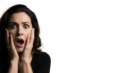 A woman with dark hair displays a look of shock, hands on face, mouth open.