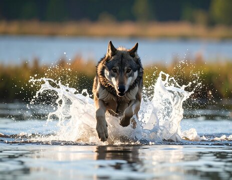 Grey wolf running through water