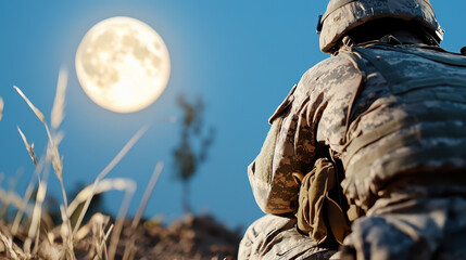 Fototapeta premium Soldier camouflage gear sits quietly bright full moon, surrounded by tall grass and serene landscape. scene evokes sense of calm and contemplation