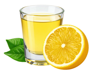 Shot glass of golden liquid, half lemon, green leaves on a clean background