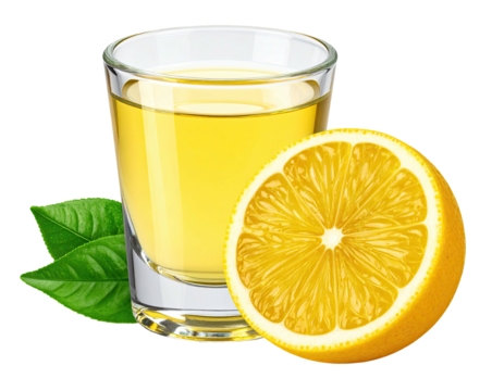 Shot glass of golden liquid, half lemon, green leaves on a clean background