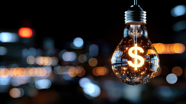 Glowing light bulb with dollar sign illuminates blurred city background, symbolizing financial ideas and innovation