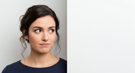 Young woman looking skeptically to the side, standing next to a blank white space.