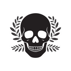Black Skull Silhouette with Laurel Wreath Vector Illustration