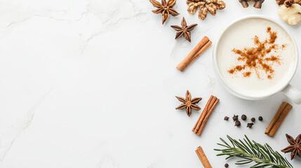 Fototapeta premium Aromatic chai latte with spices, cinnamon, and star anise arranged beautifully on marble surface, evoking warmth and comfort