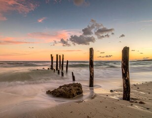 Coastal sunset scene with weathered wooden posts and flowing waves