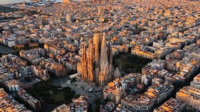 Aerial view of barcelona cityscape with sagrada familia at sunset