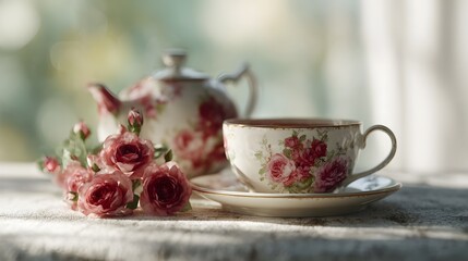 Fototapeta premium A delicate floral tea set with roses presented elegantly on a textured surface with soft natural light