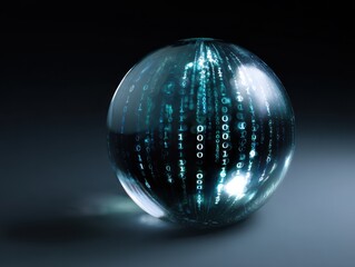 A futuristic glass sphere displaying glowing binary code, symbolizing data, technology, and digital information in a dark environment.