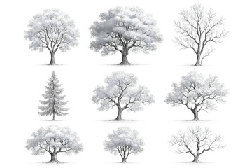 Fototapeta premium Wintery Tree Collection: A serene assortment of majestic trees captured in a pristine winter scene, showcasing the stark beauty of nature's design during the cold season. 