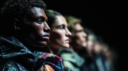 Ethical fashion movement, diverse models wearing sustainable clothing on minimal runway with recycled materials.