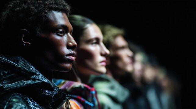 Ethical fashion movement, diverse models wearing sustainable clothing on minimal runway with recycled materials. - Powered by Adobe