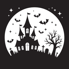 Black and White Halloween Night Scene with Bare Tree