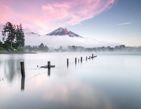 Serene lake view with mountain, low clouds, pink sky, and old wooden posts - Powered by Adobe