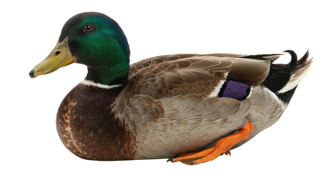 Male mallard duck resting on white background, showing vibrant feathers and natural wildlife detail for animal themes.
