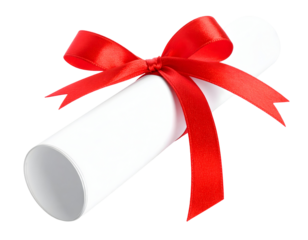 Diploma scroll tied with red ribbon isolated on transparent background
