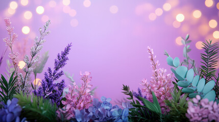 Naklejka premium Soft lavender flowers with greenery create serene atmosphere, perfect for backgrounds or decorations