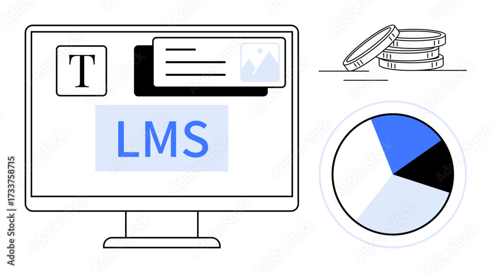 Wall mural computer monitor displaying lms interface with text and image elements, pie chart showing data distr