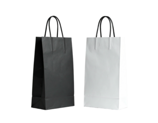 Two shopping bags, black and white, on a black background, with black handles