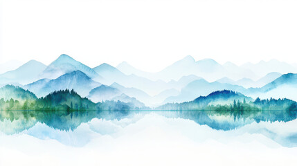Serene watercolor landscape featuring mountains and calm lake, reflecting tranquil scenery. soft hues create peaceful atmosphere