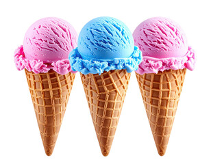 Three colorful scoops of ice cream atop crisp, waffle-style cones against a white background